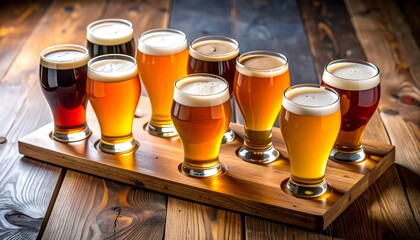 Selection of craft beers in glasses on a wooden tray