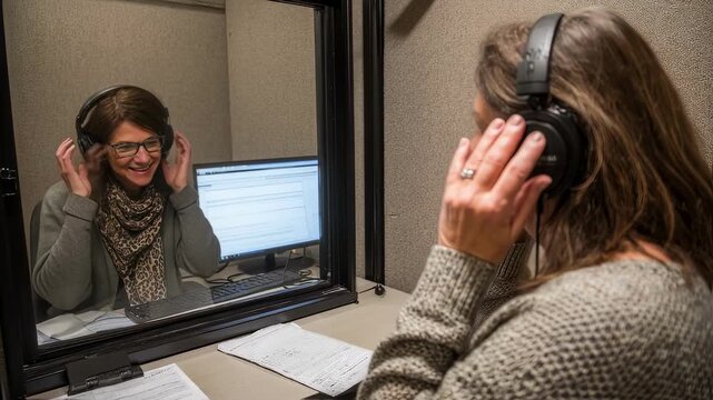 Audiologist explains hearing test procedure to patient in an isolated booth while presenting sound stimuli and noting auditory threshold levels for diagnosis.