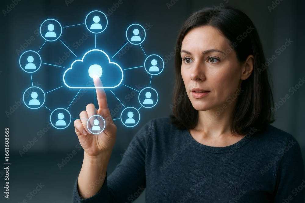 Poster businesswoman interacting with a holographic social network interface, visualizing connections in cl