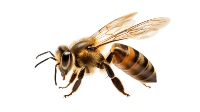 Honey bee insect pollinator with wings and striped body isolated on white background