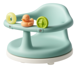 A rotatable baby bath seat with colorful toys attached, designed to entertain infants during bath time in a cottage.