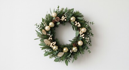 Couronne Noel elegante ornements dor�s verts lumi�re douce. AI Generated