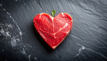 Heart-shaped raw beef steak on dark stone