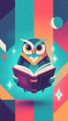 Fototapeta premium An owl holding a book with a shining light and a colorful geometric background