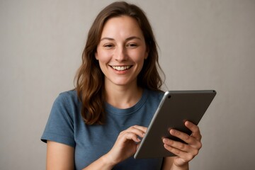 Fototapeta premium Happy young woman smiling while using a digital tablet, looking directly at the camera against a gray background in a studio setting