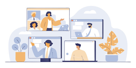 Virtual meeting flat design illustration, business people on video conference call with multiple screens, remote collaboration vector