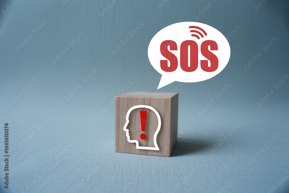 Poster SOS Alert with Low Feedback: Wooden Block Head with Exclamation Mark and Speech Bubble on Blue Background for Urgent Communication and Problem Solving