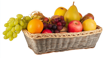 Basket filled with fruits and food supplies, symbol of giving, (clean modern detail, white isolated background