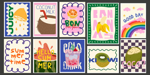 Abstract cartoon posters in retro style. Decor for wallpaper, walls and postcards. Juicy fruit vintage home decor. Banana, coconut, lemon, kiwi, watermelon posters. Modern text