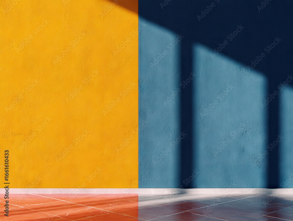 Poster yellow and blue textured wall with sunlight casting shadows on tiled floor, creating vibrant and mod