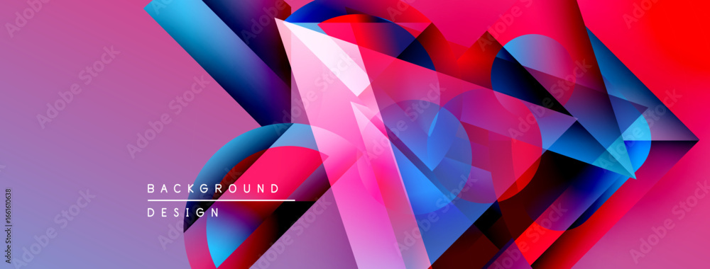 Poster abstract geometric shapes blend vibrant colors. pink, blue, red gradients create dynamic visual text