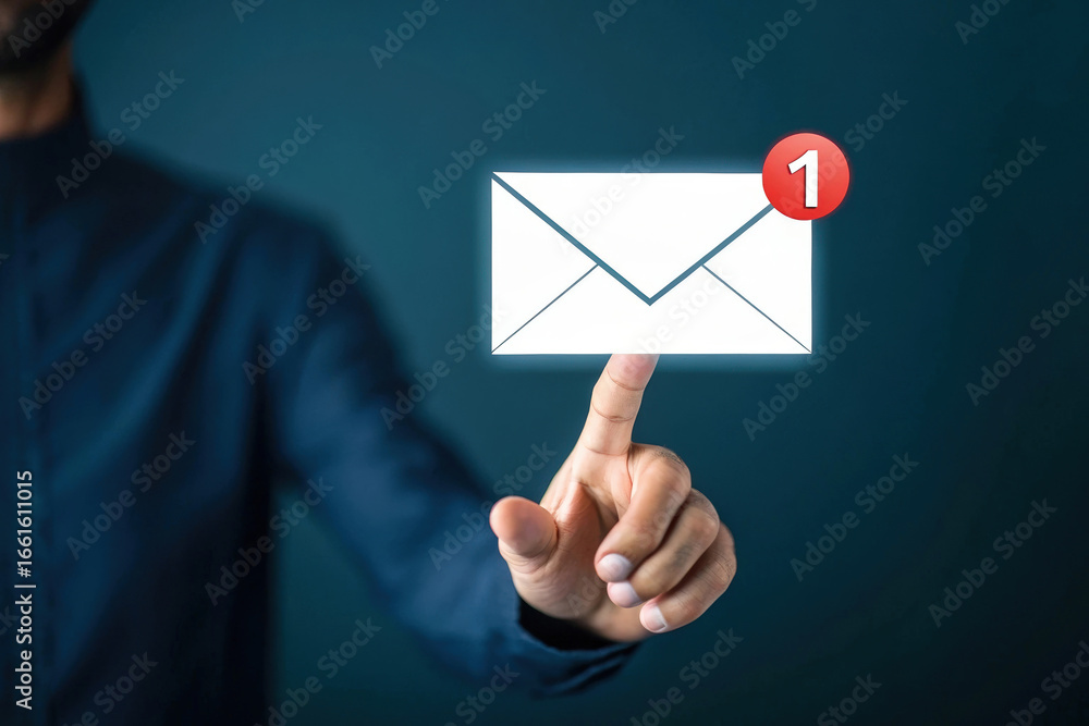Poster touching email notification with low feedback on a digital screen a person's finger points to a new 