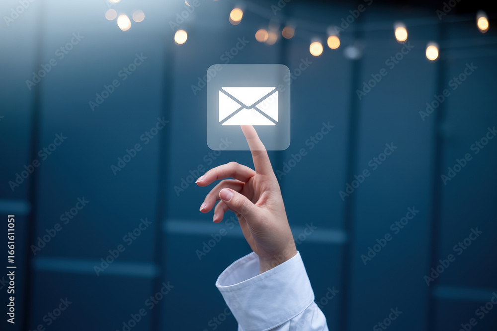 Poster touching the digital mail icon a hand interacts with a virtual envelope symbolizing communication an