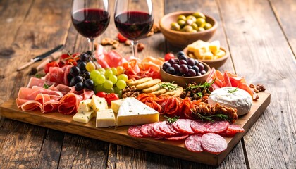 Gourmet food platter with wine