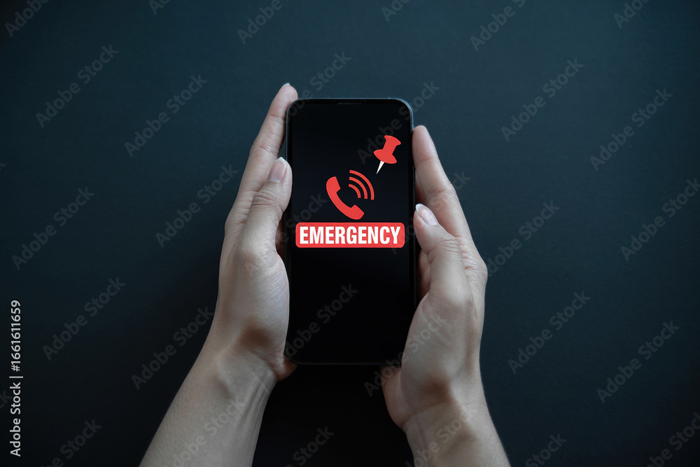 Poster urgent assistance needed mobile phone displaying emergency call with low feedback and location pin f