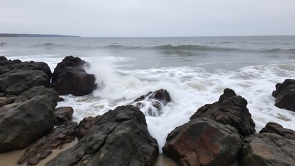 Obraz premium The moment when the waves hit the rocks