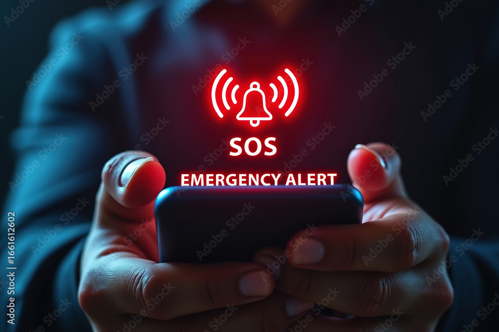 Poster urgent sos emergency alert on mobile phone display with low feedback notification system for immedia