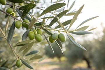 Fototapeta premium Closeup of green olives growing on a branch of an olive tree in the mediterranean countryside during summer