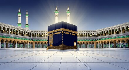 Detailed Illustration of the Kaaba in Mecca with Minarets and Arches