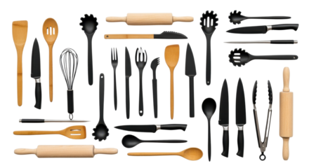 Modern Flatlay of Wooden and Black Utensils for Kitchen and Cooking Isolated on Transparent Background PNG