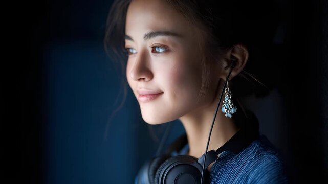 Elegant Woman Wearing Headphones Listening Attentively