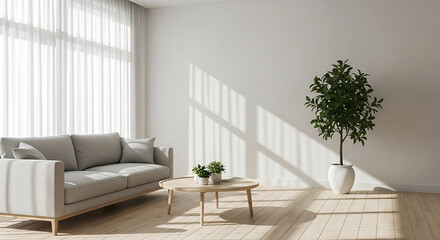 Fototapeta premium Photorealistic Sunlit Scandinavian Living Room Interior, Minimalist Neutral Decor with Plants, Sheer Curtains, Copy Space