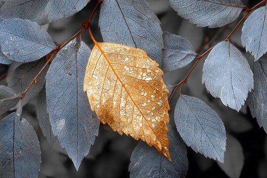 Glowing leaf amidst silver foliage abstract backdrop  

