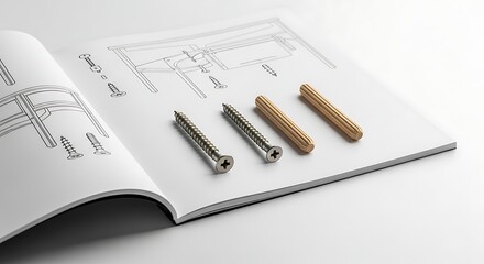 Naklejka premium Technical image of wood dowels and screws