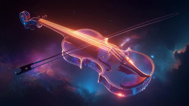 Cinematic surreal vision of a glowing violin floating in cosmic space, neon light strings radiating dreamy melodies, magical fusion of music and galaxy creating an ethereal soundscape.

