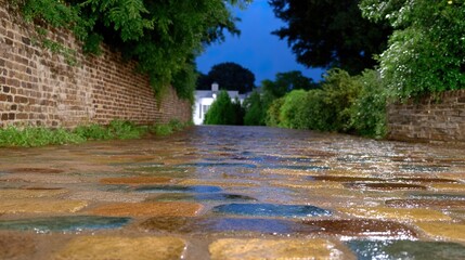Background of wet cobblestone street in alley. Wet cobblestones on the street close up background for design.