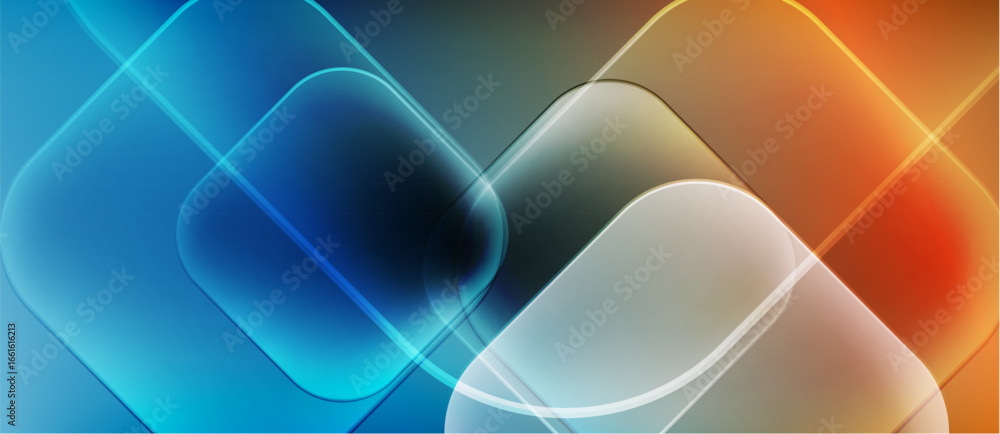 Poster abstract geometric shapes blend vibrant blues, oranges, whites. smooth gradients create modern digit