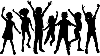 Joyful kids silhouette jumping and celebrating with arms raised, capturing pure childhood fun and energy
