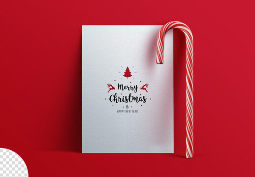 Vertical Greeting Postcard Mockup with Candy Cane Isolated