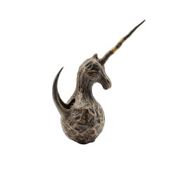 Fototapeta premium Unique, gnarled woody Unicorn plant pod, textured brown, grey, beige, horn and two hooks, on white background. Concept of scientific precision