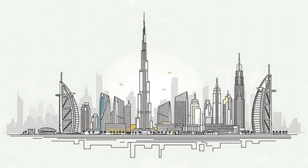 Dubai Skyline Illustration: Minimalist Black Lines with Subtle Color Accents and Bird Silhouettes