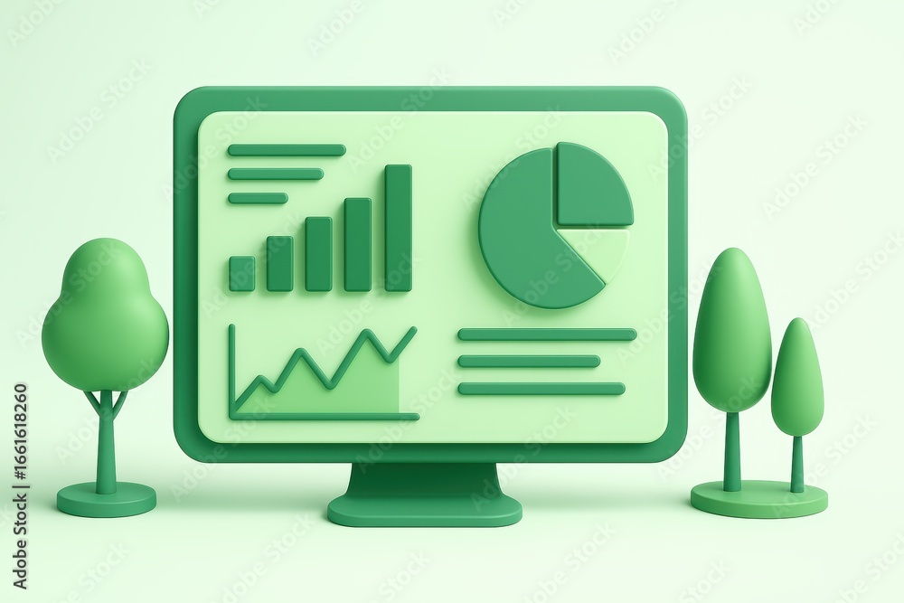 Poster green 3d illustration of computer displaying data charts and graphs in minimalist style