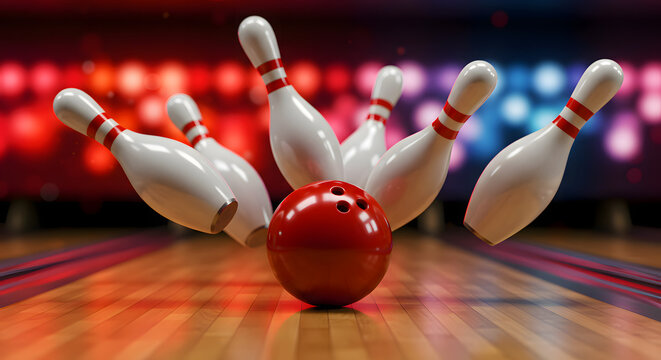 Bowling Ball Striking White Pins on Polished Wood Lanes