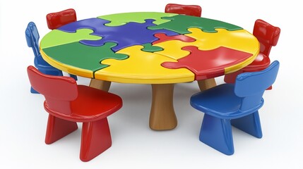 Bright, playful puzzle table with colorful chairs. Ideal for collaborative learning, design, and community