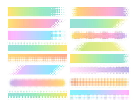 Pastel halftone gradient banners, colorful horizontal labels, stripes with soft colors and dotted fading effects, decorative rectangle graphics, abstract geometric header shapes. Vector isolated set