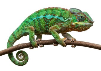 Obraz premium Colorful Green Chameleon Sitting on a Branch Isolated on White Background