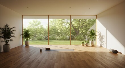Serene yoga studio flooded with natural light, overlooking a lush garden oasis