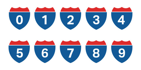 Numbered highway signs displaying various numbers from 0 to 9 © Vector_Art