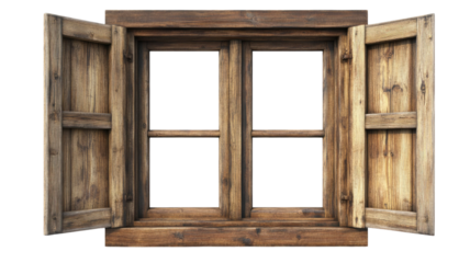 Wooden window frame rustic architectural element isolated on white background