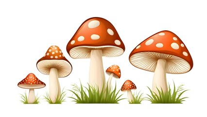Group of Amanita mushrooms standing in the grass on a natural outdoor surface, showing different shapes, colors, textures, and organic details suitable for botanical or culinary illustration