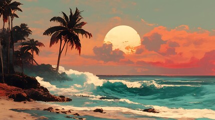 Vibrant tropical beach sunset with crashing ocean waves, silhouetted palm trees, and glowing orange sky with clouds