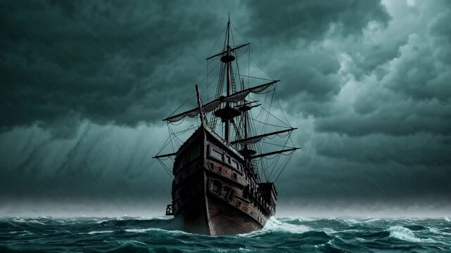 AI-generated a lone wooden ship sails through stormy waters leaning as thunderclouds gather overhead