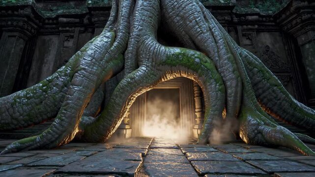 AI-generated mystical fog spills from a dark temple entrance, framed by massive jungle tree roots