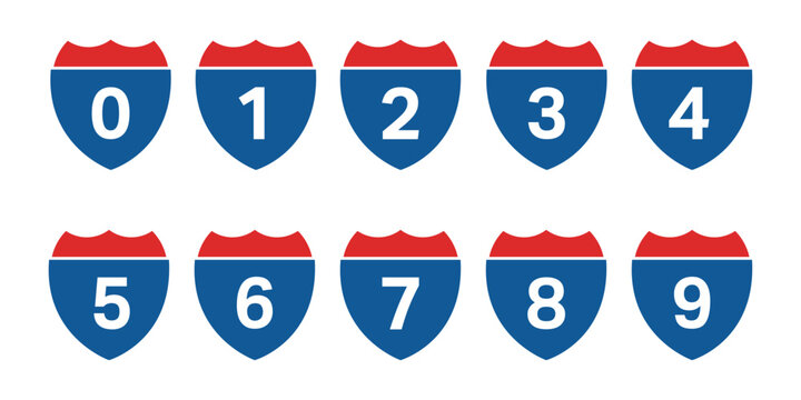 Numbered highway signs displaying various numbers from 0 to 9