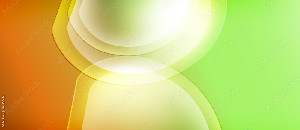 Poster abstract design features overlapping curved shapes. colors include orange, yellow, green, white. smo