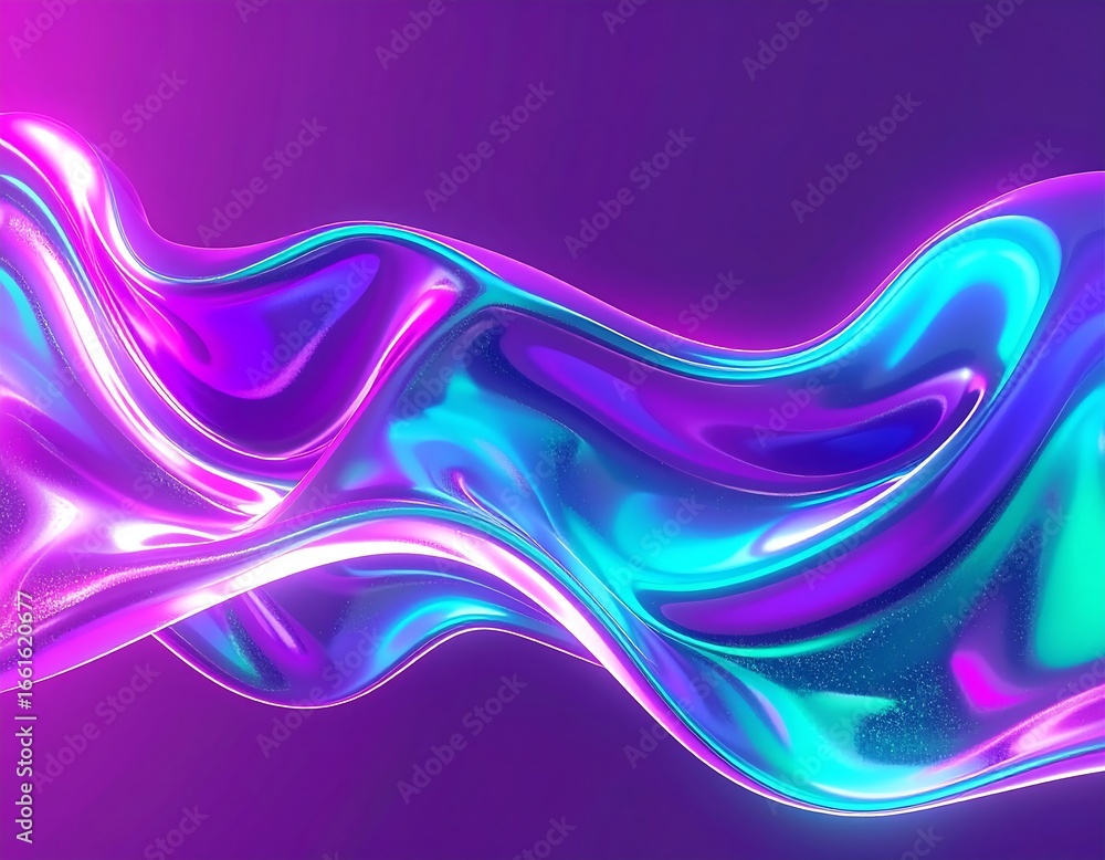 Poster abstract 3d liquid flowing waveform with iridescent colors and particles